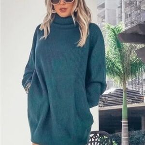 Women's Turtleneck Sweater Dress with Pockets in Peacock Green size XL